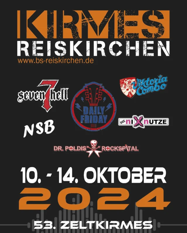 Wir präsentieren das Programm der 53. Zeltkirmes. 10.10-14.10.2024Donnerstag: Kirmes Warm-up mit den Nix NutzenFreitag: Daily Friday und DJ Kai BrückmannSamstag: Dr. Poldis Rockspital & 7 HellSonntag: Neue Schwalbacher BlasmusikAftershowparty in der Sektbar mit DJ Kai BrückmannMontag: Frühschoppen ab 11 Uhr inkl. Freibier mit der Victoria Combo. Nachmittags Gaudi ExpressWir freuen uns auf euch!!!
