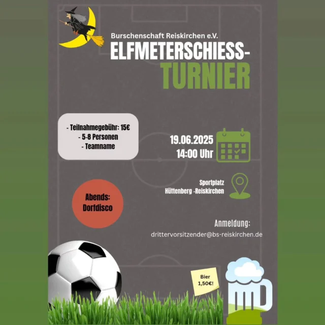 Hiermit lädt die Burschenschaft Reiskirchen recht herzlich zum 1. Elfmeterschieß-Schoppenturnier ein! Das ganze findet am 19.06. ab 14:00 Uhr auf dem Sportplatz in Reiskirchen statt. Was ihr dafür braucht?! Einen geilen Teamnamen der euch 5-8 Personen repräsentiert! Egal ob jung oder alt. Frau oder Mann. Mit einigen Kaltgetränken lässt sich das runde leichter ins eckige befördern. Es wartet nicht nur für die Gewinner des Turniers ein geiler Preis. Das Team mit dem größten Durst wird auch noch belohnt! Das ganze wird abgerundet mit einer Dorfdisco im Anschluss. Selbstverständlich auch für Alle die es nicht mit dem filigranen Füßchen zu gute halten! Anmeldung geht per Mail an drittervorsitzender@bs-reiskirchen.de oder Instagram. Liebe Grüße eure Burschenschaft Reiskirchen