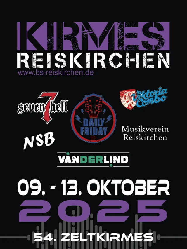 Hier ist es: Unser lang erwartetes Kirmes Line-up zur 54. Zeltkirmes!Donnerstag, den 09.10.2025, beginnen wir unsere Kirmes feierlich mit einem Abend im Zeichen des 1050-jährigen Jubiläums von Reiskirchen. Musikalisch unterstützt werden wir hierbei vom Musikverein Reiskirchen.Freitag, den 10.10.2025, bringen @dailyfridayofficial unser Zelt gemeinsam mit den DJs von @ktbmusik zum Beben.Samstag, den 11.10.2025, werden @vanderlind_official und @sevenhellband unsere traditionelle Rocknacht mal wieder unvergesslich werden lassen.Sonntag, den 12.10.2025, startet unser Familientag mit dem großen Festumzug. Auf dem Zug und danach werden wir von der @nsb_schwalbach musikalisch begleitet. Abends startet dann unsere After-Show-Party mit den DJs von KTB.Montag den 13.10.2025, beginnt ab 11 Uhr unser Gaudi-Express. Im Anschluss daran startet im Festzelt unser Frühschoppen mit viel Freibier und gute Laune Musik der Viktoria Combo.Die Burschenschaft Reiskirchen freut sich auf Euren Besuch. Bis demnächst auf der 54. Zeltkirmes in Reiskirchen.