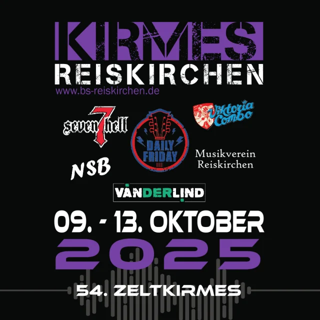 Hier ist es: Unser lang erwartetes Kirmes Line-up zur 54. Zeltkirmes!Donnerstag, den 09.10.2025, beginnen wir unsere Kirmes feierlich mit einem Abend im Zeichen des 1050-jährigen Jubiläums von Reiskirchen. Musikalisch unterstützt werden wir hierbei vom Musikverein Reiskirchen.Freitag, den 10.10.2025, bringen @dailyfridayofficial unser Zelt gemeinsam mit den DJs von @ktbmusik zum Beben.Samstag, den 11.10.2025, werden @vanderlind_official und @sevenhellband unsere traditionelle Rocknacht mal wieder unvergesslich werden lassen.Sonntag, den 12.10.2025, startet unser Familientag mit dem großen Festumzug. Auf dem Zug und danach werden wir von der @nsb_schwalbach musikalisch begleitet. Abends startet dann unsere After-Show-Party mit den DJs von KTB.Montag den 13.10.2025, beginnt ab 11 Uhr unser Gaudi-Express. Im Anschluss daran startet im Festzelt unser Frühschoppen mit viel Freibier und gute Laune Musik der Viktoria Combo.Die Burschenschaft Reiskirchen freut sich auf Euren Besuch. Bis demnächst auf der 54. Zeltkirmes in Reiskirchen.