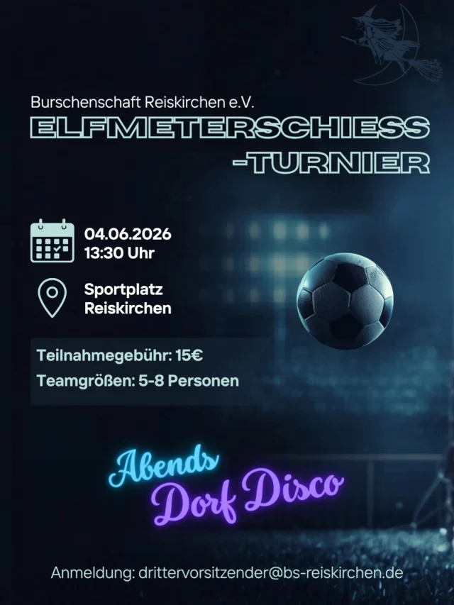 Die Burschenschaft Reiskirchen lädt euch recht herzlich zum 2. Elfmeterschießturnier ein. Wie im letzten Jahr wird das beste Team im Elfmeterschießen und am Glas gesucht. Gespielt wird ein Turniermodus mit klassischem 11m schießen. Am Glas gewinnt das Team mit den meisten getrunkenen Körbchen.Was müsst ihr tun? - Findet euch mit 5-8 Personen zusammen - ⁠Sucht euch einen kreativen Teamnamen ausMeldet euch gerne über die angegebene E-Mail-Adresse oder über Instagram, um euch für das Turnier bei uns anzumelden. Wir freuen uns auf euch!